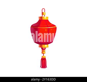 Lanterna rossa del festival cinese Cartoon, lampada cinese asiatica con una parte superiore e inferiore dorata con una nappina rossa appesa. Lanterna cinese vettoriale isolata in stile tradizionale, per eventi culturali e festivi Illustrazione Vettoriale