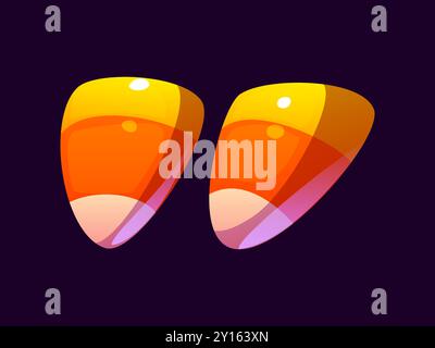 Carattere di Halloween, simbolo di punteggiatura del fumetto a forma di grani di mais caramelle. Tipo malvagio, divertente carattere spaventoso, spettrale segno alfabetico. Tipografia vettoriale isolata con glifo, chicchi di mais a strisce dolci Illustrazione Vettoriale