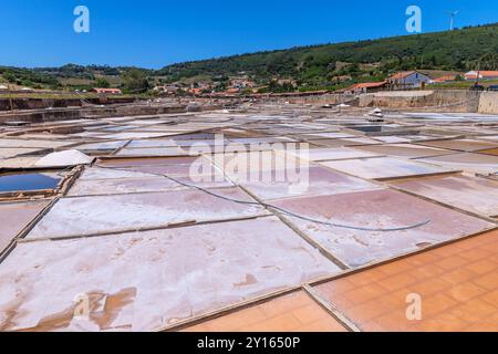 Rio Maior, Portogallo: 7 luglio 2024: Fonte da Bica Salt Flats, alias Salinas de Rio Maior, sistema di compartimenti d'acqua poco profondi e grondaie per sale extra Foto Stock