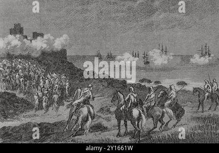 Assedio di Ceuta (23 ottobre 1694 - 22 aprile 1727). L'esercito del sultano marocchino Muley Isma'il (1678-1727) effettuò un blocco armato della città di Ceuta. Il marchese di Lede (Jean Francois Nicolas de Bette, 1672-1725), un ufficiale militare fiammingo al servizio della Spagna, arrivò nel 1720 con un contingente militare per respingere gli assedianti. Liberazione di Ceuta da parte del marchese di Lede. Illustrazione di Serra Pausas. "Glorias Españolas" (Glorie di Spagna). Volume IV. Pubblicato a Barcellona, 1890. Autore: Joan Serra Pausas (attivo 1861-1902). Artista spagnolo. Foto Stock