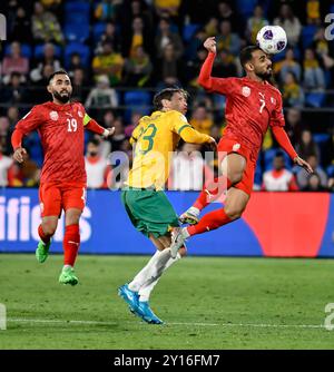 Gold Coast, Australia. 9 settembre 2024, Ali Madan vince il gthe ball durante la Coppa del mondo FIFA 2026 Asian Qualifier, Australia contro Bahrain. Crediti: Kleber Osorio/Alamy Live News Foto Stock