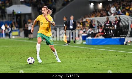 Gold Coast, Australia. 9 settembre 2024, Jackson Irvine durante la Coppa del mondo FIFA 2026 Asian Qualifier, Australia contro Bahrain. Crediti: Kleber Osorio/Alamy Live News Foto Stock