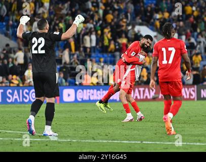 Gold Coast, Australia. 9 settembre 2024, mentre i giocatori del Bahrein celebrano la loro vittoria durante la Coppa del mondo FIFA 2026 Asian Qualifier, Australia contro Bahrein. Crediti: Kleber Osorio/Alamy Live News Foto Stock