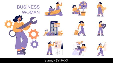 Una donna d'affari. Multitasking, leadership e imprenditorialità. Ruoli e competenze diversificati in contesti aziendali moderni. Abbigliamento professionale con pose sicure. Illustrazione vettoriale. Illustrazione Vettoriale