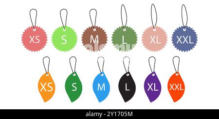 Set con icone delle dimensioni dell'abbigliamento per il design del tessuto. DIMENSIONI : XS, S, M, L, XL, XXL. Grande set di abiti. Illustrazione Vettoriale