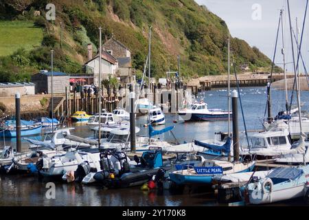 Porto di Axmouth con barche a vela ormeggiate nel Devon, Inghilterra, regno unito Foto Stock