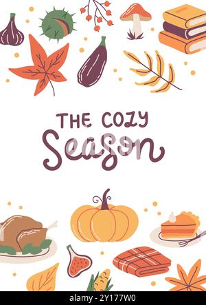L'accogliente Season Card. Calligrafia disegnata a mano e graziosi elementi stagionali. Modello di illustrazione vettoriale Illustrazione Vettoriale