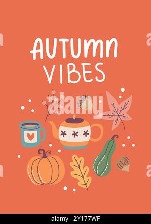 Scheda delle vibrazioni autunnali. Calligrafia disegnata a mano e graziosi elementi stagionali. Modello di illustrazione vettoriale Illustrazione Vettoriale