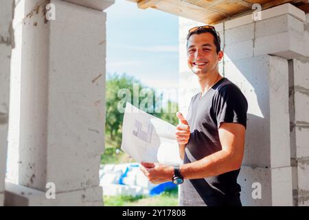 Ritratto di un uomo architetto ingegnere che controlla la casa in costruzione con un piano di progetto su carta che mostra il pollice in su. Costruzione di progetti con blocco a gas Foto Stock