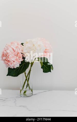 Bellissimo bouquet primaverile di ortensie rosa e bianche. Ortensia fiori in vaso sul tavolo con sfondo chiaro. Concetto di vacanza primaverile. Selezionare Foto Stock