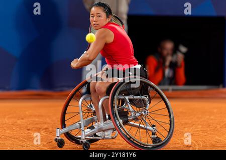 Parigi, Francia. 5 settembre 2024. PARIGI, FRANCIA - 5 SETTEMBRE: Yui Kamiji del Giappone gareggia nella finale del doppio femminile durante il giorno 8 del Wheelchair Tennis - Paris 2024 Summer Paralympic Games al Roland Garros il 5 settembre 2024 a Parigi, Francia. (Foto di Joris Verwijst/Agenzia BSR) credito: Agenzia BSR/Alamy Live News Foto Stock