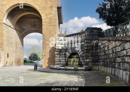 Fontana accanto alla Torre di San Niccolò (1324), una delle porte medievali di Firenze, Toscana, Italia Foto Stock