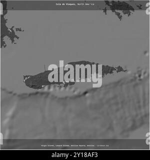 Isla de Vieques nel Mar dei Caraibi, appartenente a Porto Rico, ritagliata in piazza su una mappa a due livelli Foto Stock