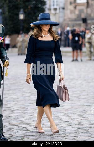 Copenaghen, Danimarca. 5 settembre 2024. La regina Maria alla parata durante il giorno della bandiera della Danimarca schierata nella Piazza del Palazzo di Christiansborg a Copenaghen, giovedì 5 settembre 2024. (Foto: IDA Marie Odgaard/Ritzau Scanpix) credito: Ritzau/Alamy Live News Foto Stock