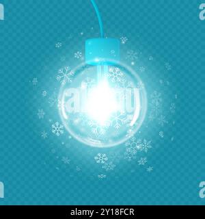 Una lampadina trasparente luminosa o un giocattolo per l'albero di Natale con fiocchi di neve. Illustrazione vettoriale. Illustrazione Vettoriale