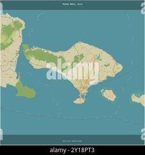 Pulau Bali nel mare di Bali, appartenente all'Indonesia, ritagliato in piazza su una mappa topografica in stile umanitario OSM Foto Stock