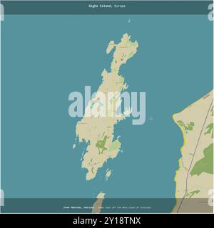 L'isola di Gigha nel Mare interno al largo della costa occidentale della Scozia, appartenente al Regno Unito, è stata ritagliata in piazza su uno stile umanitario topografico OSM Foto Stock