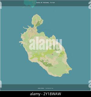 Isola di Vulcano nel Mar Tirreno, appartenente all'Italia, ritagliata in piazza su una mappa topografica in stile umanitario OSM Foto Stock