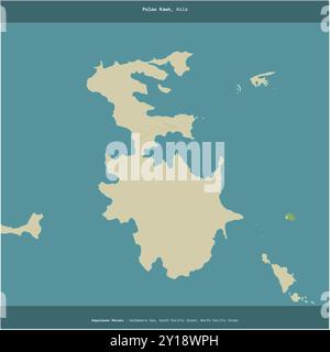 Pulau Kawe nel Mare di Halmahera, appartenente all'Indonesia, ritagliato in piazza su una mappa topografica in stile umanitario OSM Foto Stock