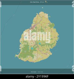 Isola Mauritius nell'Oceano Indiano, appartenente a Mauritius, ritagliata in piazza su una mappa topografica in stile umanitario OSM Foto Stock