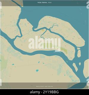 Pulau Rantau nello stretto di Malacca, appartenente all'Indonesia, ritagliato in quadrato su una mappa topografica in stile umanitario OSM Foto Stock