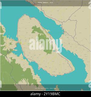 Pulau Samosir nel lago Toba, appartenente all'Indonesia, si ritagliò in quadrato su una mappa topografica in stile umanitario OSM Foto Stock