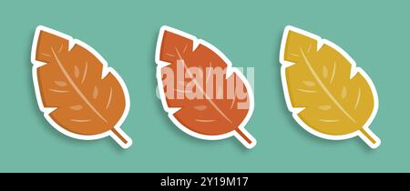 Una serie di adesivi fatti di tre foglie d'autunno su sfondo verde. Illustrazione Vettoriale