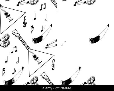 Pattern vettoriale senza giunture. Strumenti musicali popolari russi, cucchiai di legno, balalaika, corno, tutti gli oggetti sono disegnati a mano in vettoriale di colore nero. Illustrazione Vettoriale
