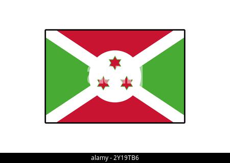 La bandiera del Burundi presenta un disegno rosso e verde con una croce diagonale bianca, che mostra tre stelle rosse all'interno di un emblema circolare. Un simbolo di identità nazionale e orgoglio. Illustrazione Vettoriale