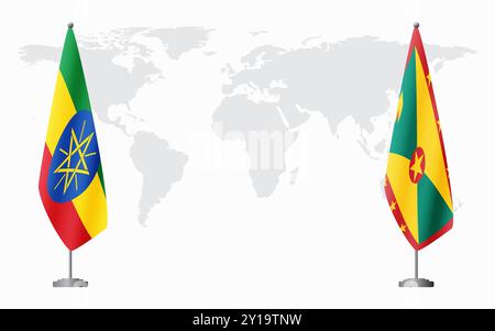 Bandiere Etiopia e Grenada per incontro ufficiale sullo sfondo della mappa del mondo. Illustrazione Vettoriale