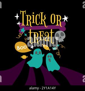 Disegni di poster di Halloween con simboli magici, elementi e calligrafia. Stile piatto banner vettoriale. Divertente biglietto di halloween. Design di invito alla festa su un gruppo Illustrazione Vettoriale