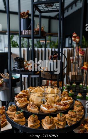 Elegante esposizione culinaria di stuzzichini e delizie gourmet. Foto Stock