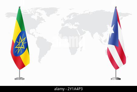 Bandiere dell'Etiopia e di Porto Rico per l'incontro ufficiale sullo sfondo della mappa del mondo. Illustrazione Vettoriale