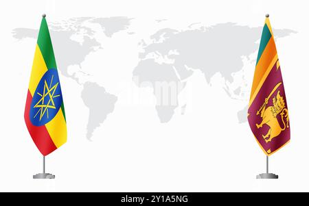 Bandiere dell'Etiopia e dello Sri Lanka per l'incontro ufficiale sullo sfondo della mappa mondiale. Illustrazione Vettoriale