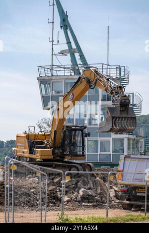 Demolizione della tribuna di regata presso il lago Baldeney, a Essen, la torre di regata rimane in piedi, l'intera struttura è stata riprogettata, ricostruita, ampliata, Foto Stock