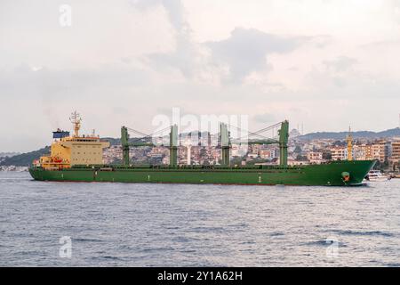 La nave da carico naviga attraverso lo stretto del Bosforo, passando per la storica Istanbul Foto Stock