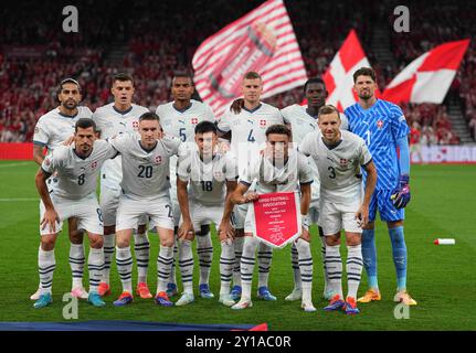 Parken, Copenaghen, Danimarca. 5 settembre 2024. Squadra svizzera prima della partita della UEFA Nations League, Danimarca contro Svizzera, a Parken, Copenaghen, Danimarca. Ulrik Pedersen/CSM/Alamy Live News Foto Stock