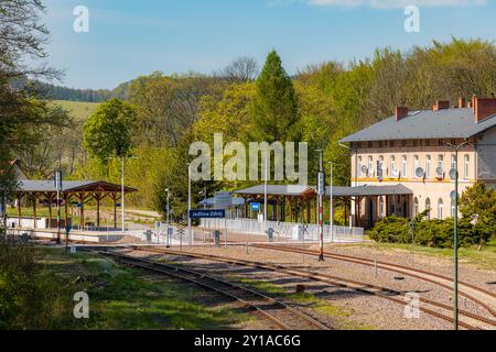 Jedlina-Zdroj, Polonia - aprile 30 2024: La storica stazione ferroviaria di Jedlina-Zdroj sorge in mezzo a un pittoresco paesaggio di alberi verdi e colline ondulate Foto Stock