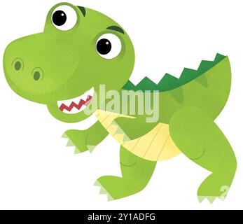 scena di cartoni animati con felice animale preistorico tyrannosaurus rex sorridente e camminando isolato su sfondo bianco illustrazione per i bambini Foto Stock