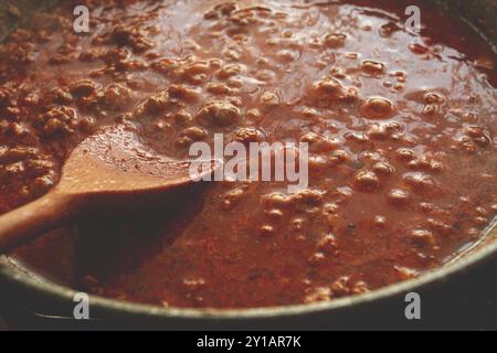 Cottura, salsa alla bolognese, in una padella, mescolando con un cucchiaio di legno, salsa di pomodoro, fatta in casa, nessuno Foto Stock