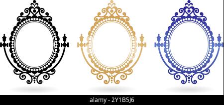 tre cornici ornamentali con design decorati sfondi bianchi isolati per serigrafia, disegni stampabili in carta, emblema di invito a nozze Illustrazione Vettoriale