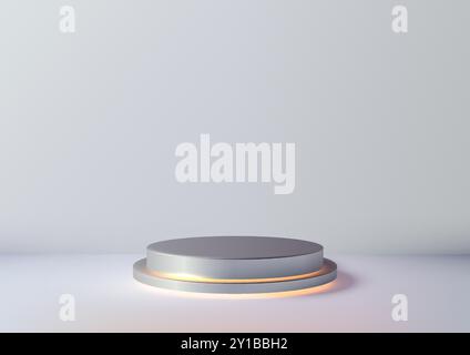 Moderno mock-up a podio cilindrico 3D, espositore metallizzato lucido per vetrine di prodotti, elegante sfondo bianco, illuminazione calda per presentazioni, mostre Illustrazione Vettoriale