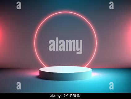Avveniristico podio blu 3D con cerchio al neon rosso brillante su uno sfondo blu brillante, perfetto per vetrine tecnologiche, esposizione di prodotti, Mockup e modalità Illustrazione Vettoriale