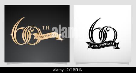 illustrazione del 60° anniversario con nastro, sfondi isolati in bianco e nero. Valido per biglietti d'auguri, invito, anniversario di matrimonio Illustrazione Vettoriale