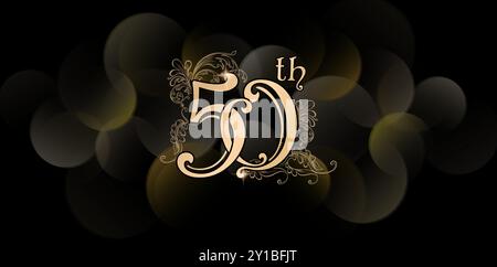 50° disegni ornamentali floreali, numeri, celebrazione dell'anniversario, colore dorato, bokeh, illustrazione di sfondo Illustrazione Vettoriale