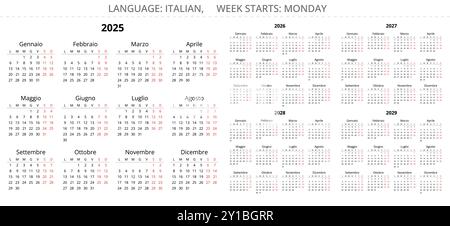 2025, 2026, 2027, 2028, 2029 anni calendari italiani. Set illustrazioni vettoriali stampabili per l'Italia. Illustrazione Vettoriale