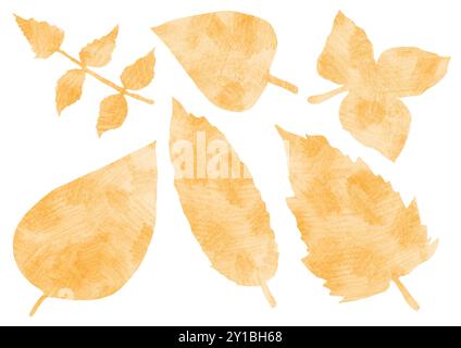 Una serie di foglie autunnali di forme diverse. Disegno con matite colorate. Trame tratti. Sfumature diverse di colore pastello color pesca. Backgrou bianco Foto Stock
