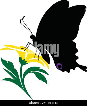 Silhouette a farfalla nera con fiori gialli e foglie verdi, farfalla su un fiore, farfalla e fiori Illustrazione Vettoriale