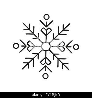 Semplice illustrazione in bianco e nero di un fiocco di neve con dettagli a forma di cuore. Perfetto per design a tema invernale e natalizio, che combinano elementi festivi e romantici... Illustrazione Vettoriale