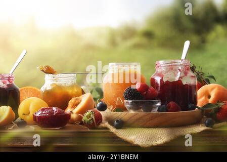Marmellate naturali fatte in casa di vari tipi di frutta in vasetti su un tavolo di legno in campagna. Vista frontale. Foto Stock